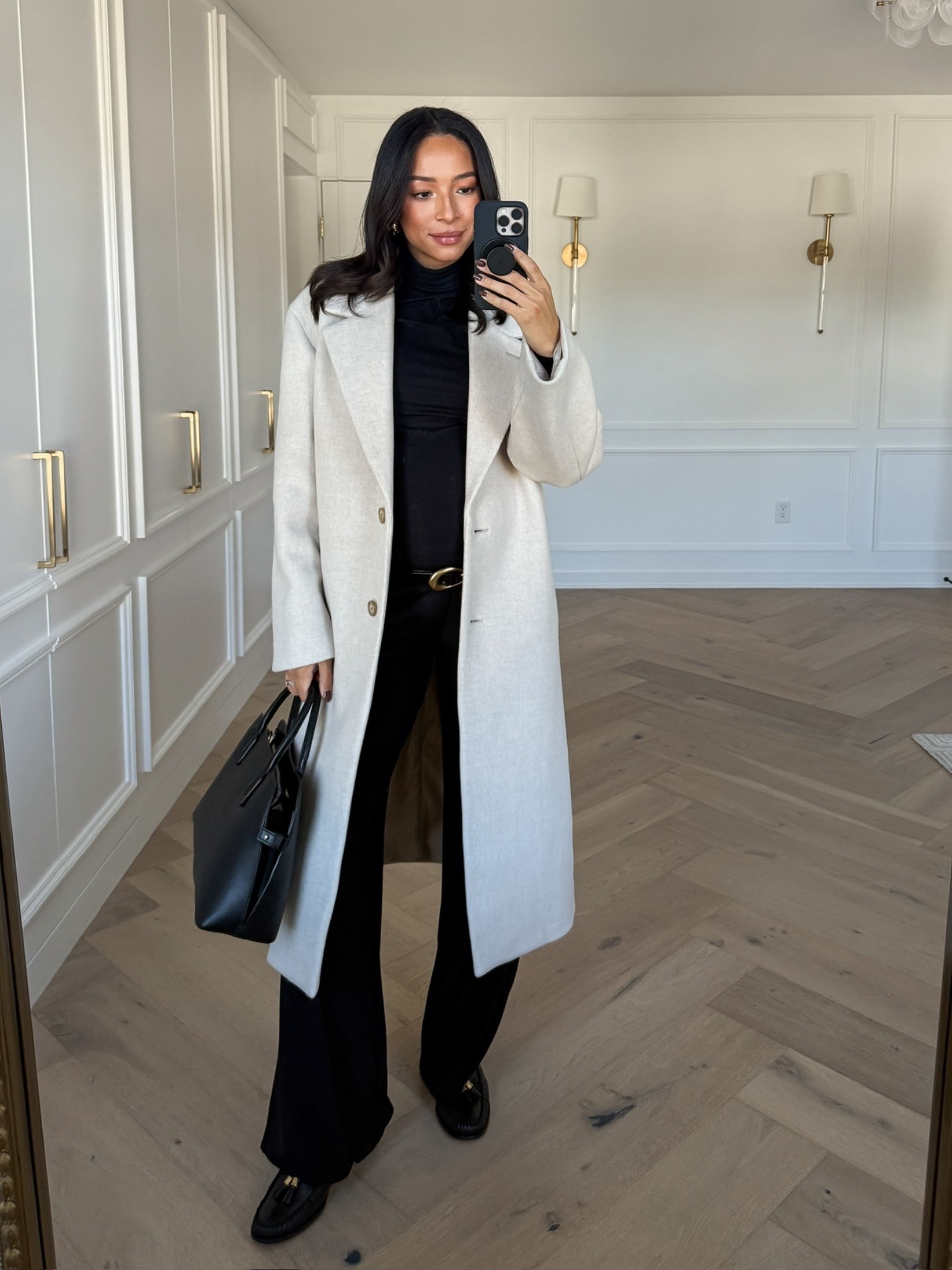 Winter work outfit! Wearing size S
black turtleneck, size M cream wool cost, size M black wide leg pants, loafers fit tts Winter

Winter outfit
Winter fashion
Winter style 
Workwear
Business casual 
Office outfit 

#LTKWorkwear #LTKBump #LTKSeasonal