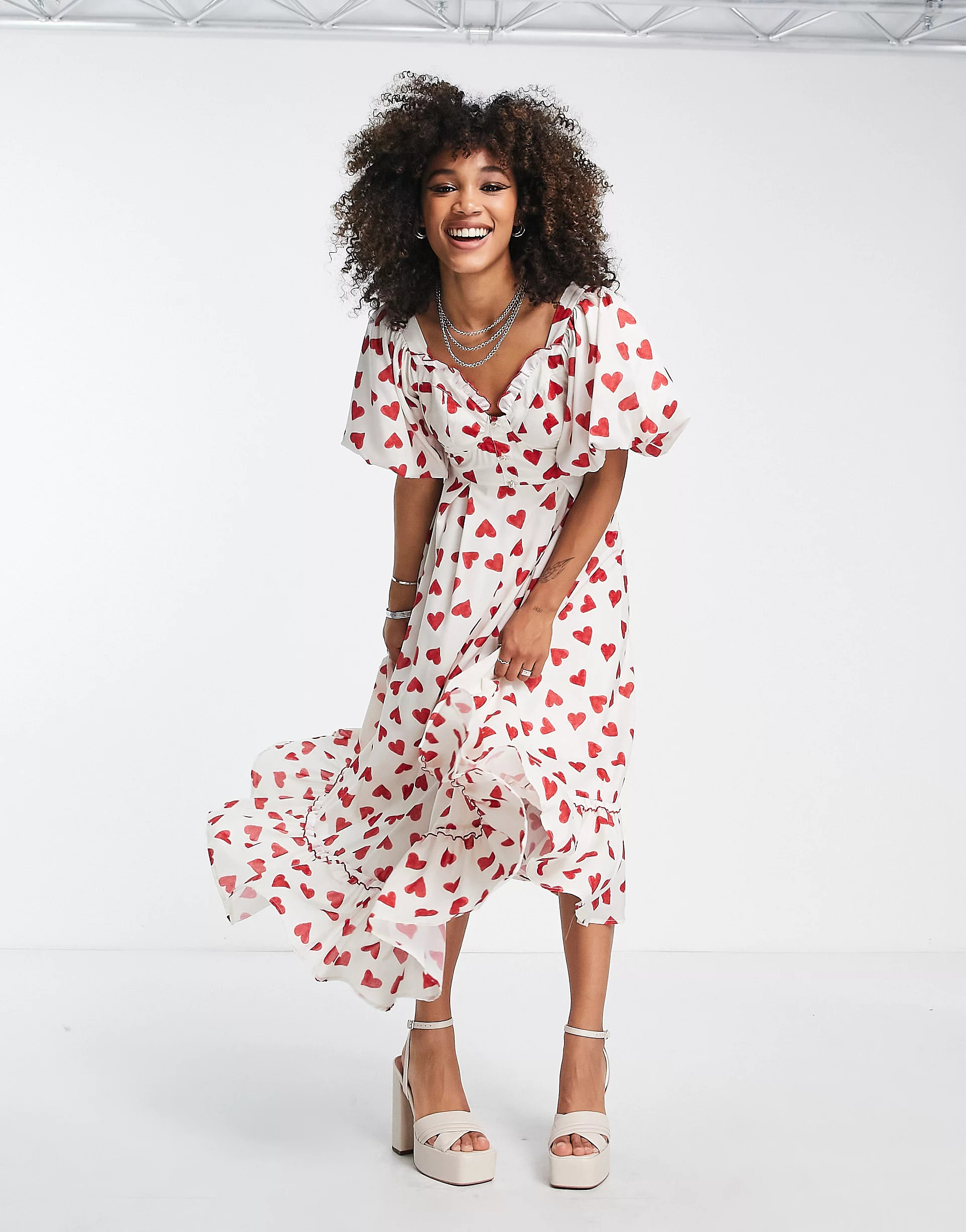 Sister Jane puff sleeve maxi dress with sweetheart neckline in heart print | ASOS (Global)