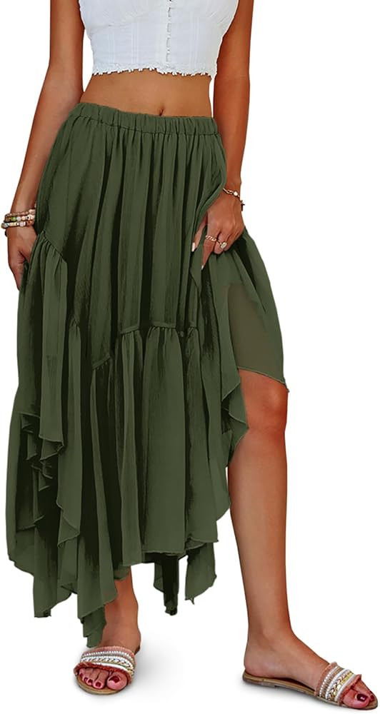 Fisoew Womens Summer Boho Maxi Skirt Casual Asymmetric High-Low Hem Flowy Bohemia Long Skirt | Amazon (US)