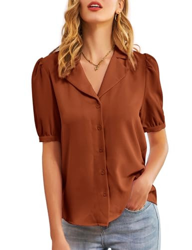 Button Down Shirts for Women Short Sleeve Business Casual Summer Tops V Neck Work Blouse Brown M | Amazon (US)