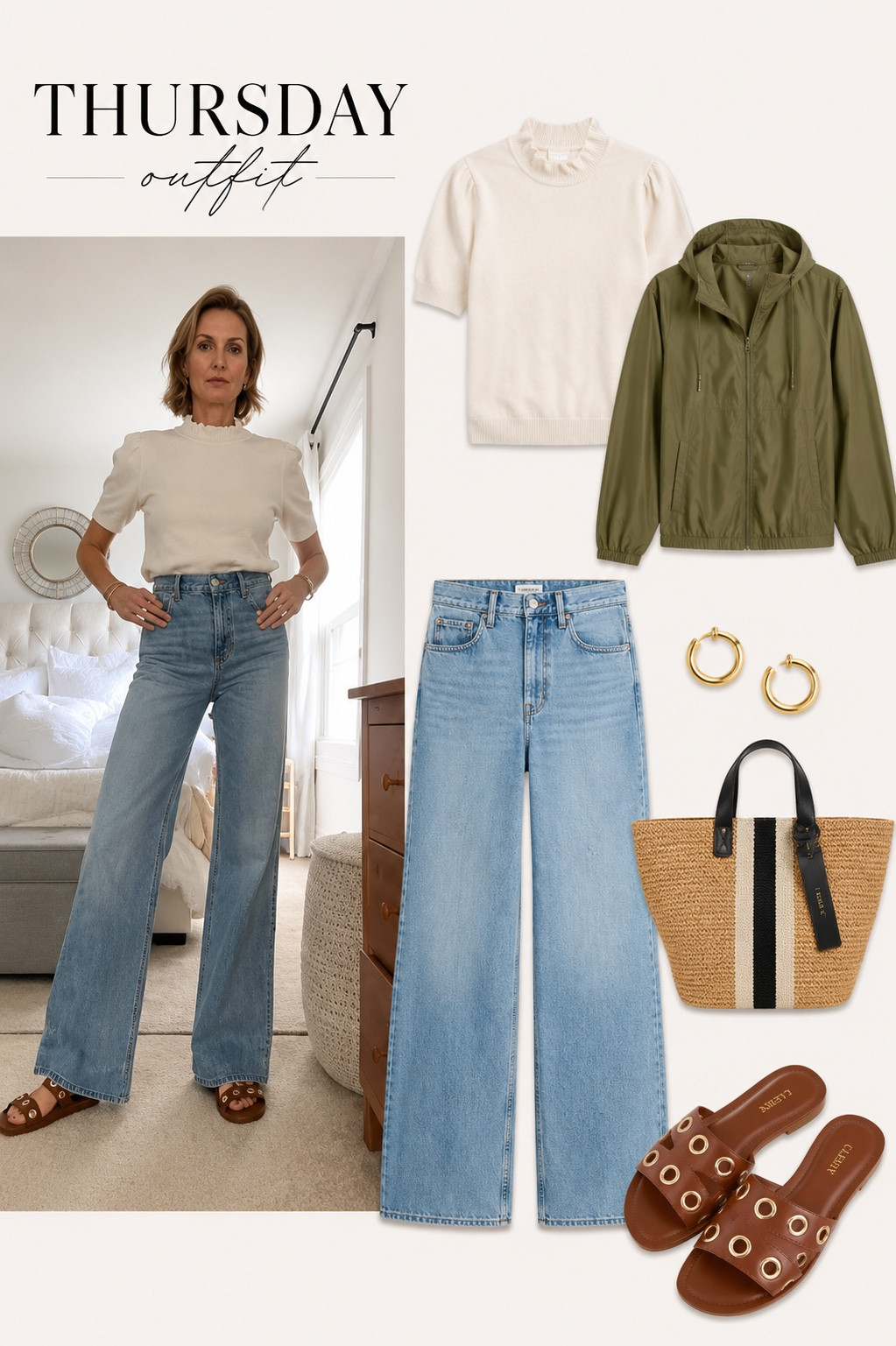 This look is such a good mix of classic and practical. The ruffle neck sweater elevates a simple jeans outfit, while the lightweight windbreaker makes it perfect for cooler mornings, errands, travel days, or spring sports nights. I love the warm brown sandals paired with the straw tote for an easy everyday look that still feels polished. Everything is linked directly in the image for easy shopping.

#LTKSeasonal #LTKootd #LTKdayinmylife