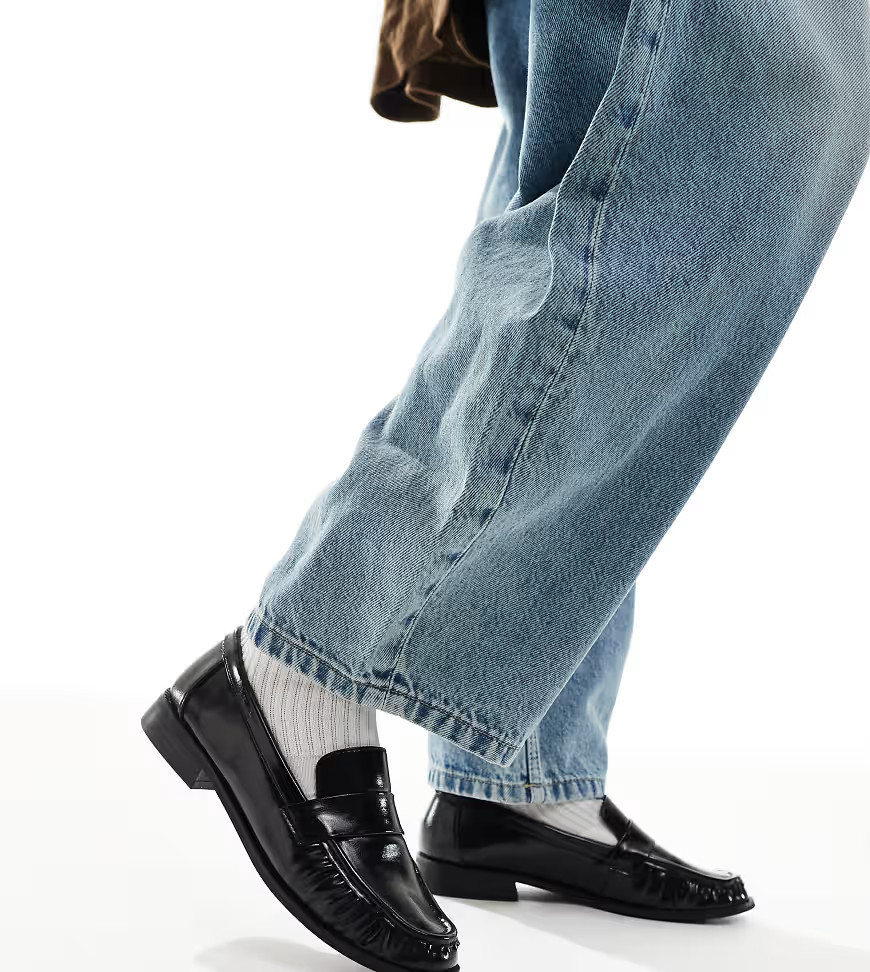 London Rebel Wide Fit Sadie ruched detail loafers in patent black | ASOS (Global)