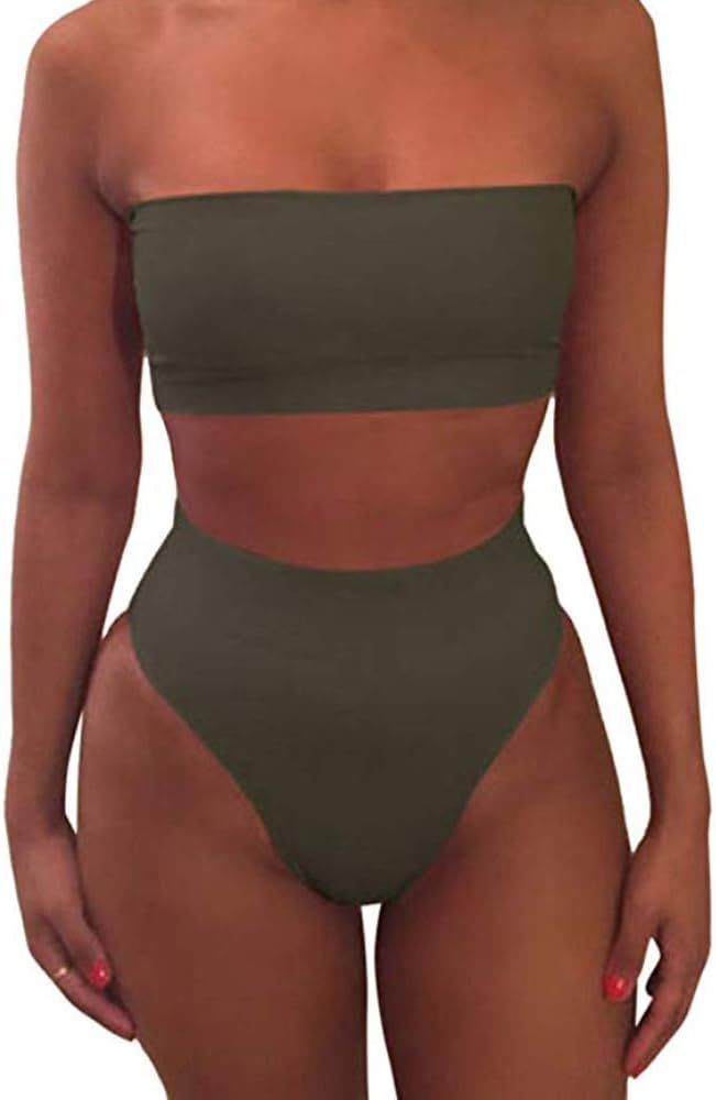 Cutiefox Women's Removable Straps Bandeau Bikini High Waist 2 Piece Swimsuits | Amazon (US)