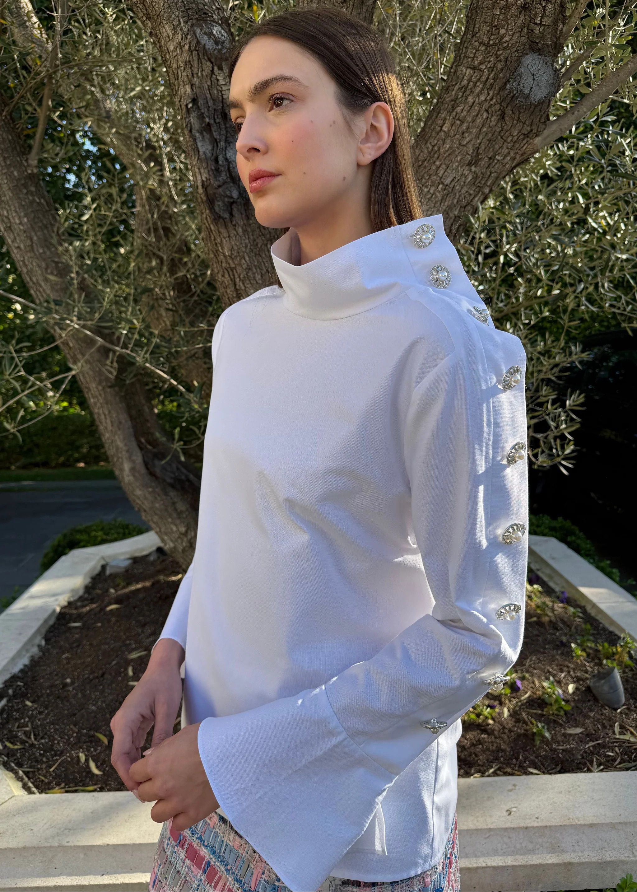 Kya Funnel Neck Flare Sleeve Top with Jeweled Buttons - White | Benaar La