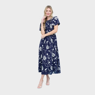 August Sky Women's Abstract Floral Smocked Midi Dress, Navy, Small | Target