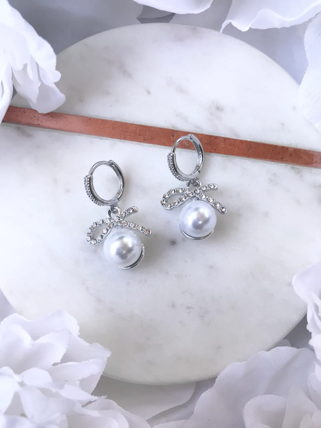 Silver Rhinestone Huggy Hoop Pavé Bow Pearl Drop Dangly - Etsy | Etsy (US)
