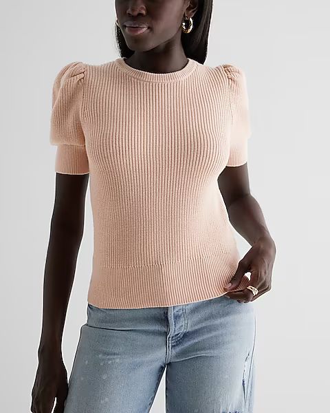 Ribbed Crew Neck Puff Sleeve Sweater | Express