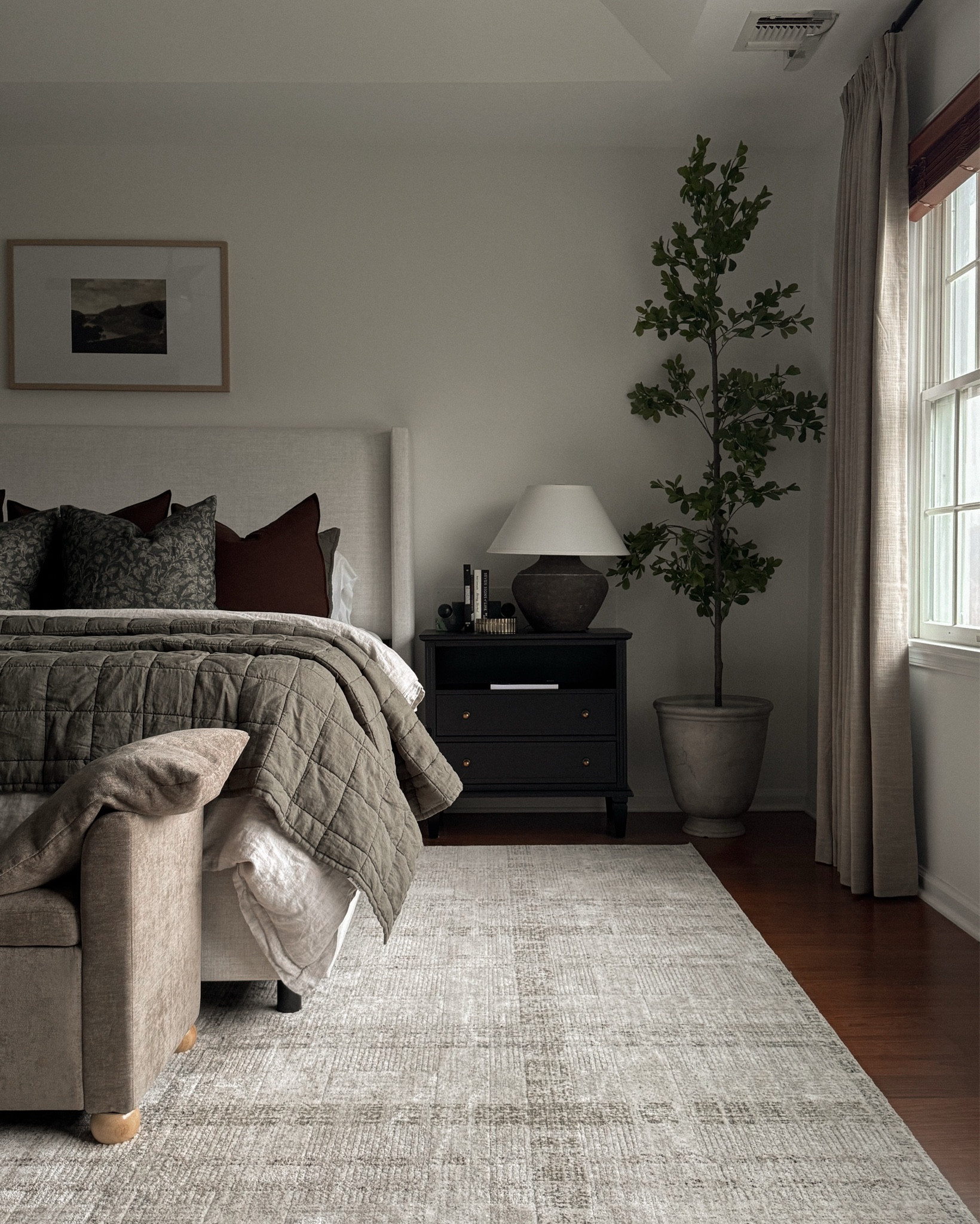 Bedroom decor, bedroom rug, bedroom curtains, photo olive tree, nightstand, charging nightstand, nightstand decor, bedding, Moody bedroom, bed bench

#LTKHome