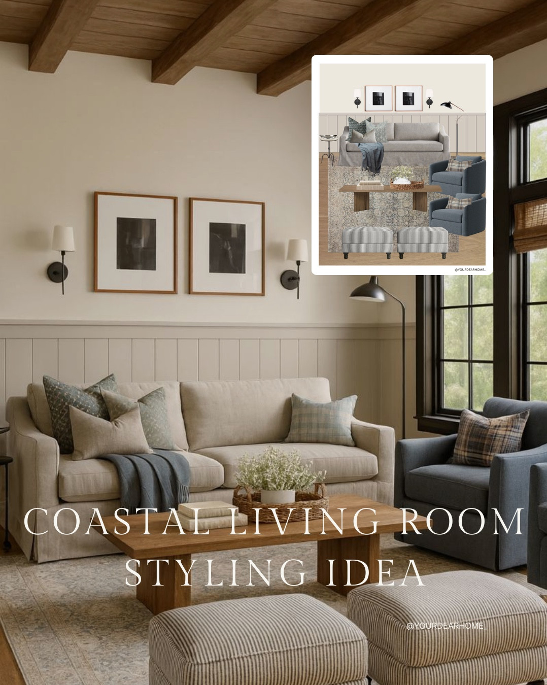 This is my idea of coastal living room! Soft, neutral, and quietly cozy.
Nothing loud, nothing fussy. Just comfortable seating, warm wood tones, and gentle blues layered in a way that makes the room feel welcoming and finished. 🩵

#LTKHome