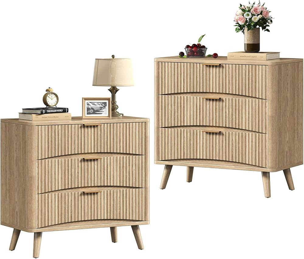 31.5W×29“H Large Fluted Nightstands Set of 2, 3 Drawer Light Wood Night Stand Bedside Table, M... | Amazon (US)