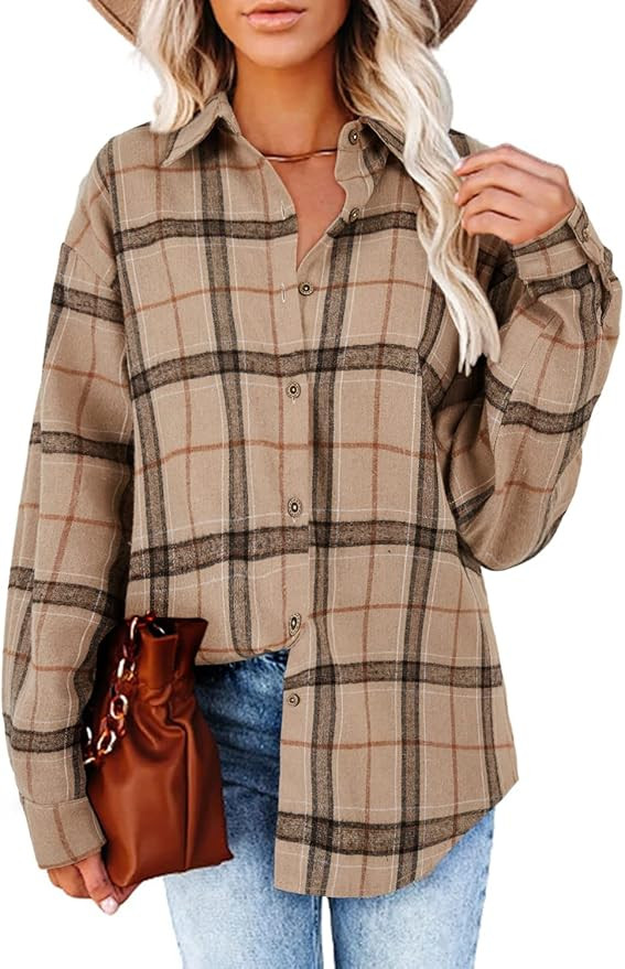 Women's Long Sleeve Plaid Shirts Flannel Collared Button Down Shacket Casual Rolled Up Boyfriend ... | Amazon (US)