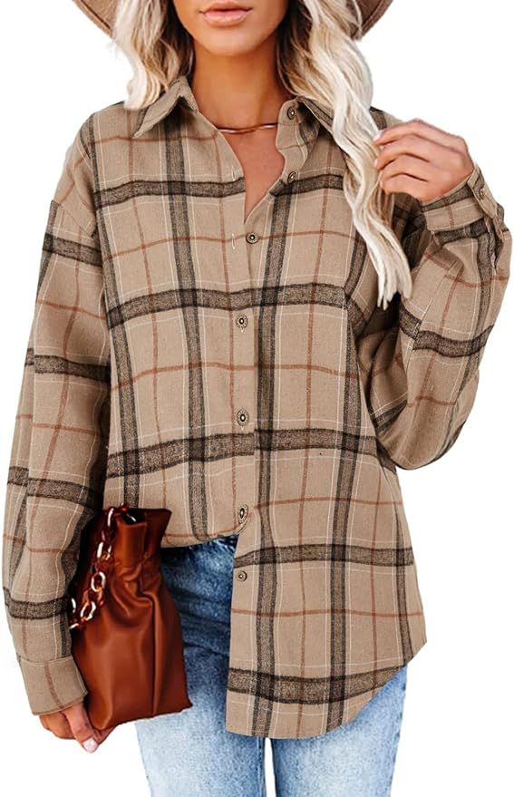 Women's Long Sleeve Plaid Shirts Flannel Collared Button Down Shacket Casual Rolled Up Boyfriend ... | Amazon (US)