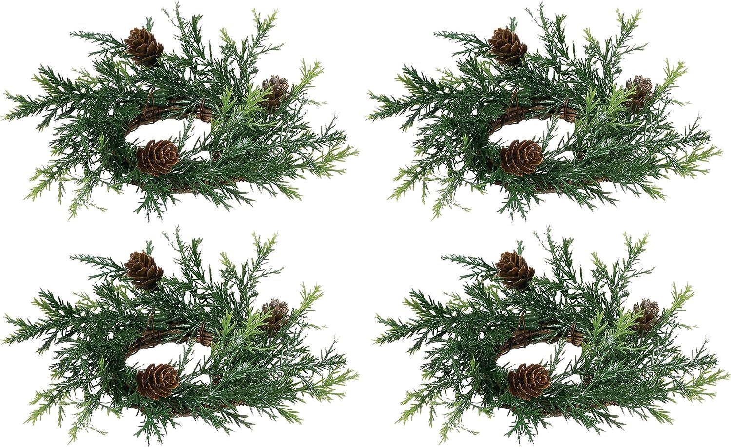 Amazon.com: Set of 4 Holiday Candle Rings On Vine Base With Pine Cones and Greenery -Light Silver... | Amazon (US)
