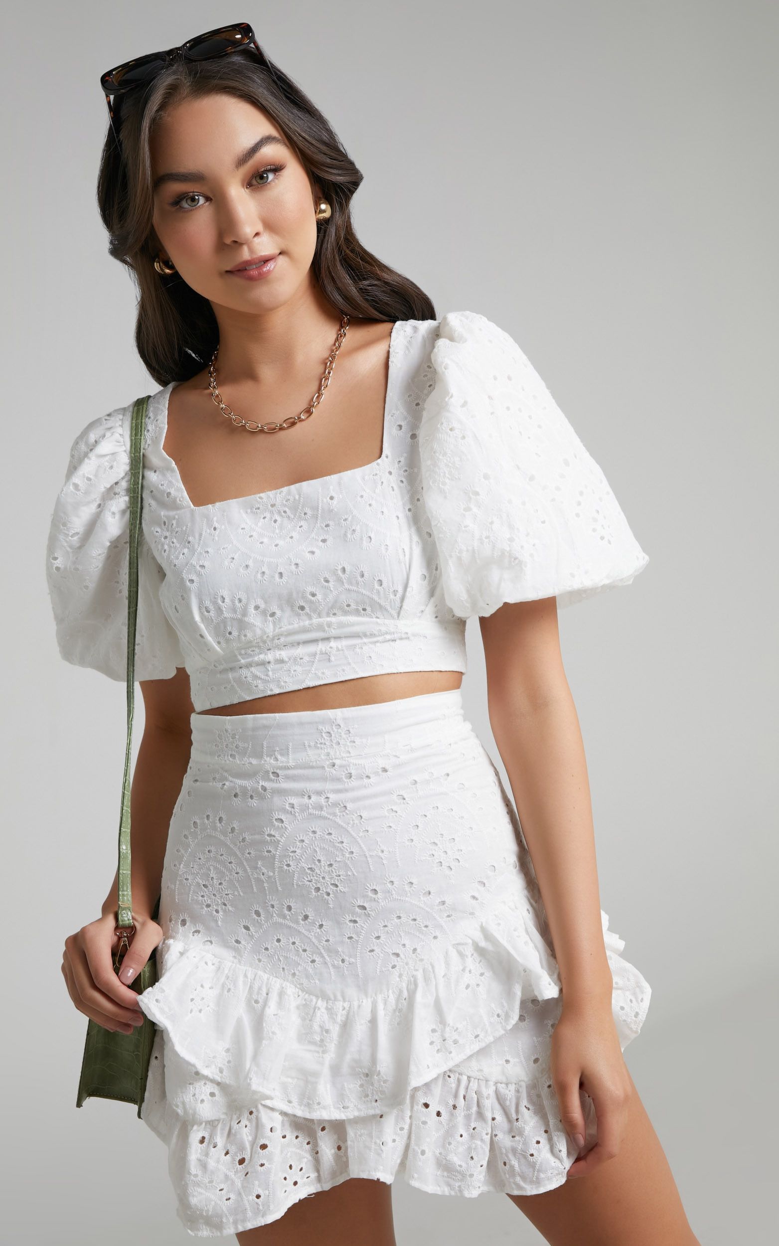 Levieth Puff Sleeve Ruffle Skirt Two Piece Set in White Embroidery Anglaise | Showpo | Showpo - deactived