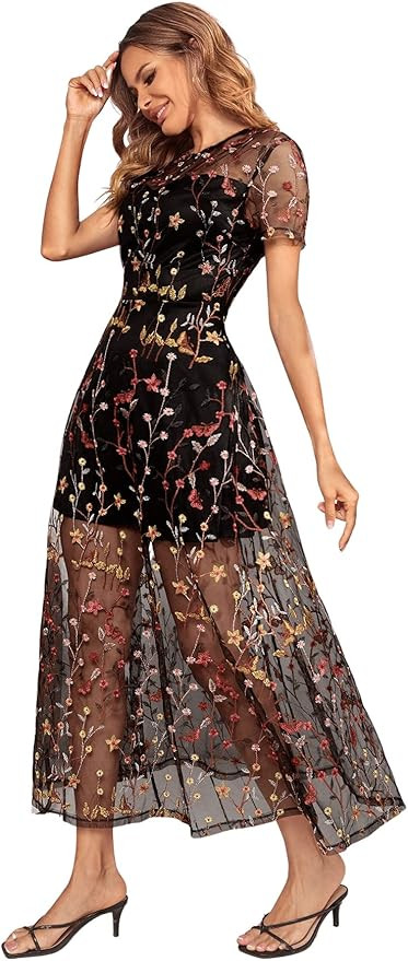 SweatyRocks Women's Sheer Mesh Short Sleeve Round Neck Dress Floral A Line Long Dresses | Amazon (US)