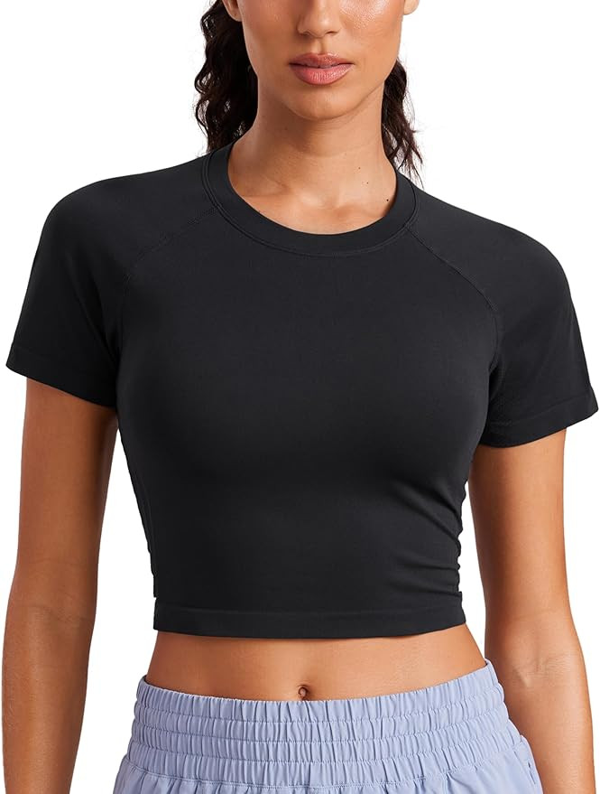 CRZ YOGA Seamless Crop Workout Tops for Women - Athletic Running Gym Yoga Short Sleeve Shirts Bas... | Amazon (US)
