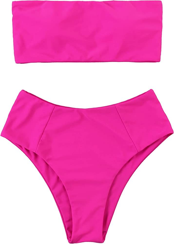 OMKAGI Women's 2 Pieces Bandeau Bikini Swimsuits Off Shoulder High Waist Bathing Suit High Cut | Amazon (US)