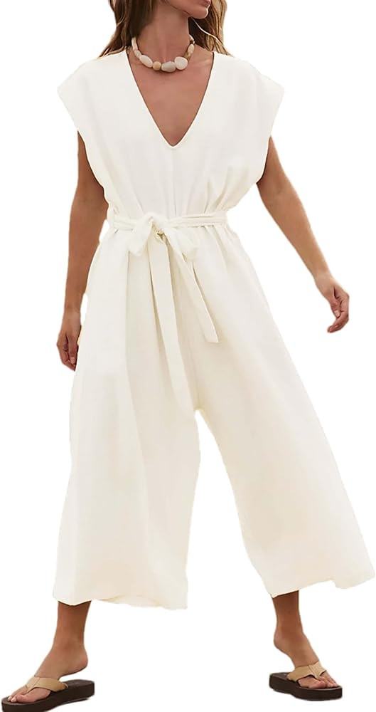 Womens One Piece Jumpsuits Sleeveless V-Neck Waist Belted Long Wide Leg Pants Romper Casual Outfi... | Amazon (US)