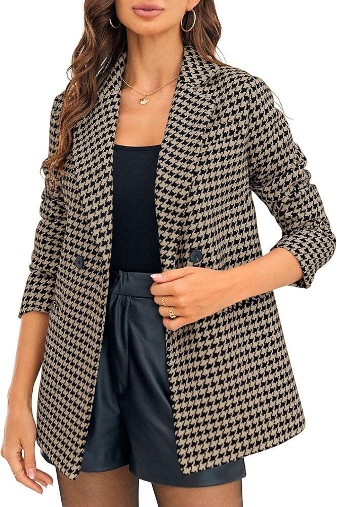 Foshow Womens Casual Houndstooth Plaid Blazers Open Front Long Sleeve Cardigan Lapel Button Slim Wor | Amazon (US)