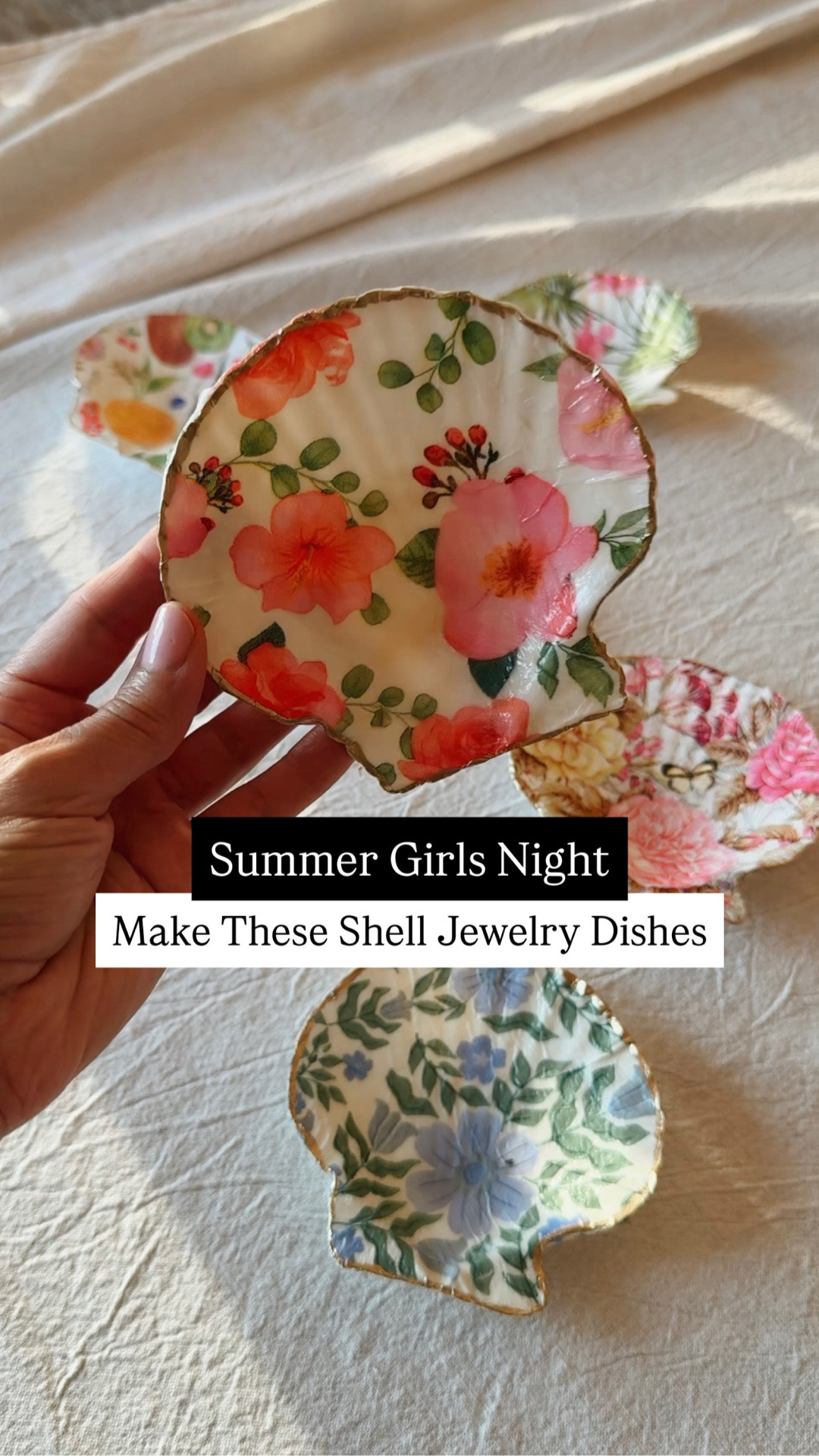 All the supplies to make these pretty shell jewelry dishes! And here are the instructions:

1. Get some shells!! (I linked the ones I used in the supply list)

2. Find a decorative napkin that you like. Have fun with this part!

3. Paint a layer of mod podge on the shell.

4. Tear the napkin the size of the shell (if it has an extra layer, remove that layer)

5. Smooth the napkin onto the shell, then tear edges until it’s aligned with the shell

6. Add another layer of mod podge

7. Once the mod podge dries, use a gold paint pen to paint around the edges.

And you’re done!!

#LTKHome #LTKvlog #LTKdayinmylife