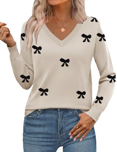 Zeagoo Women's 2025 Fall V Neck Sweater Trendy Long Sleeve Casual Lightweight Ribbed Knit Pullover Tops | Amazon (US)