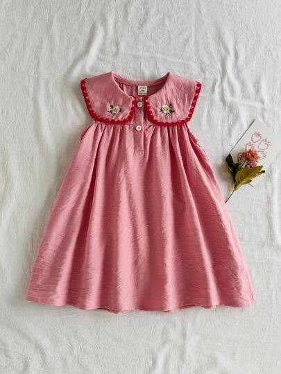 SHEIN Vintaside Kids Young Girl Floral Embroidery Peter Pan Collar Sleeveless Casual Dress Summer... | SHEIN