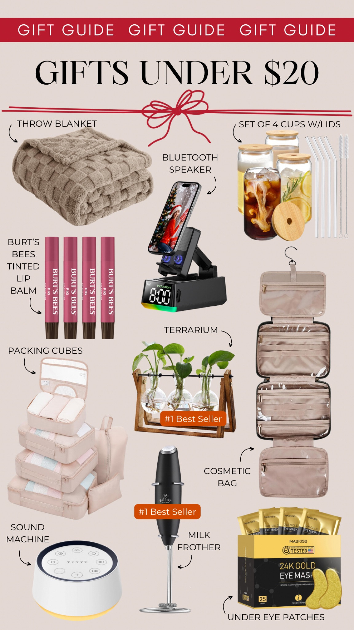 Gifts under $20 include a throw blanket, Bluetooth speaker, set of 4 glasses with lids, Burt’s Bees lip balm set, a terrarium, travel cosmetic bag, packing cubes, a milk frother, sound machine and under eye patches. 

Gifts for her, gifts for him, gift guide, white elephant gift, gifts under 20, gifts under 10

#LTKFindsUnder50 #LTKGiftGuide #LTKHoliday