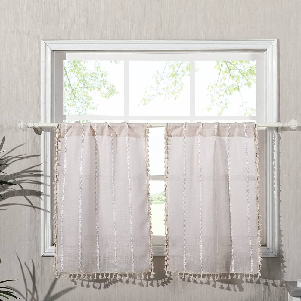 RoomTalks Boho Kitchen Curtains 36 Inch Length French Striped Farmhouse Vintage Chic Textured Tas... | Amazon (US)