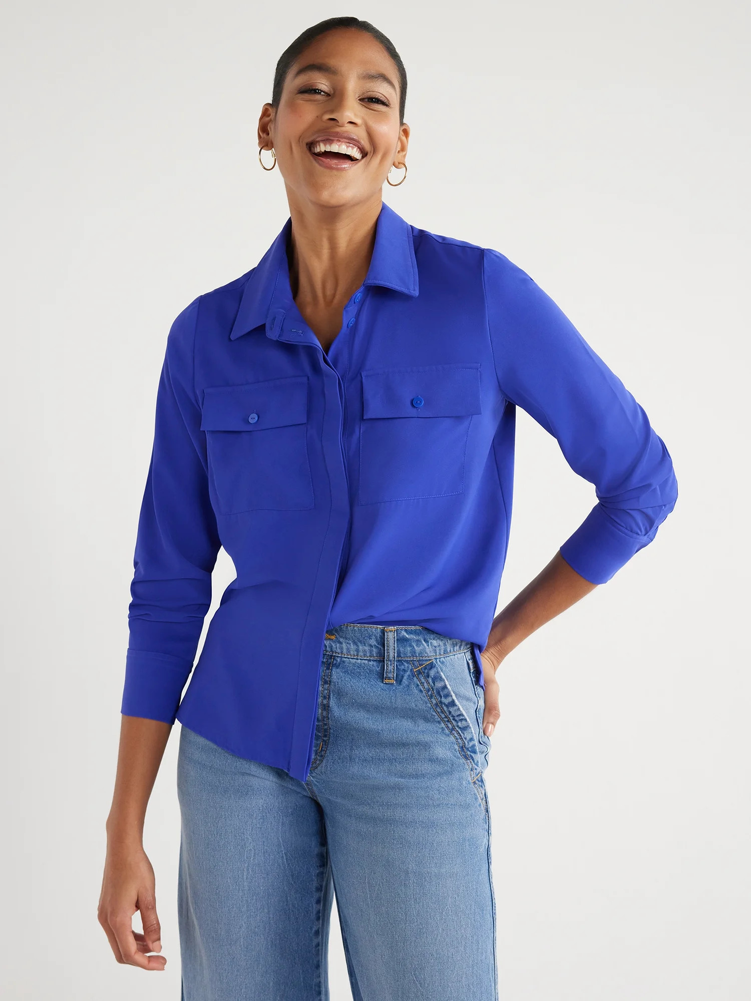 Scoop Women's Ultimate Button Down Blouse with Two Pockets, Sizes XS-XXL | Walmart (US)