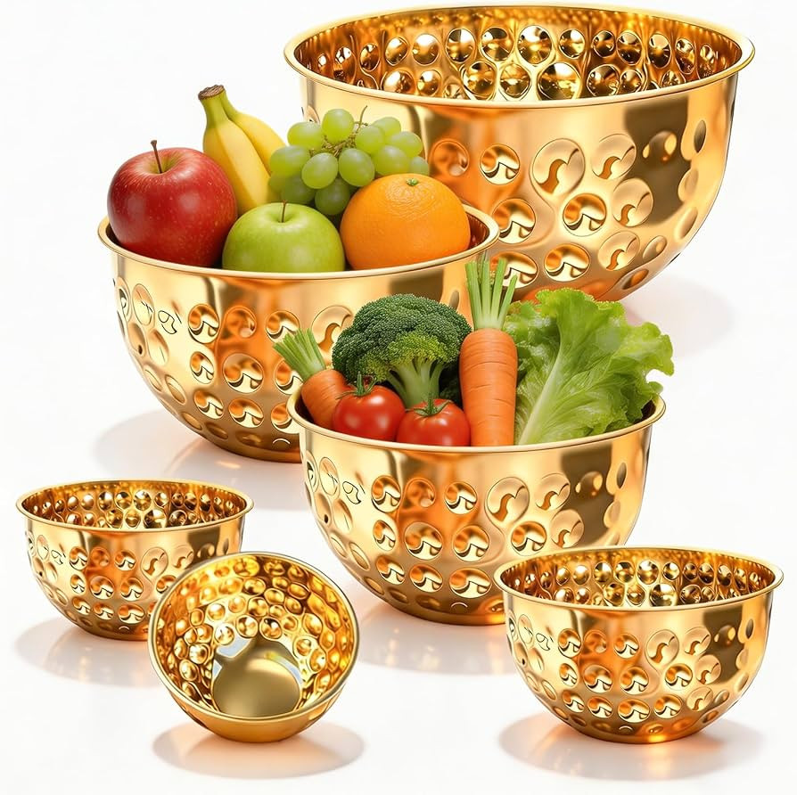 6-Piece Gold Mixing Bowls (1.6-4.9 QT), Stainless Steel Mixing Bowls with Hammered Design, Nestin... | Amazon (US)