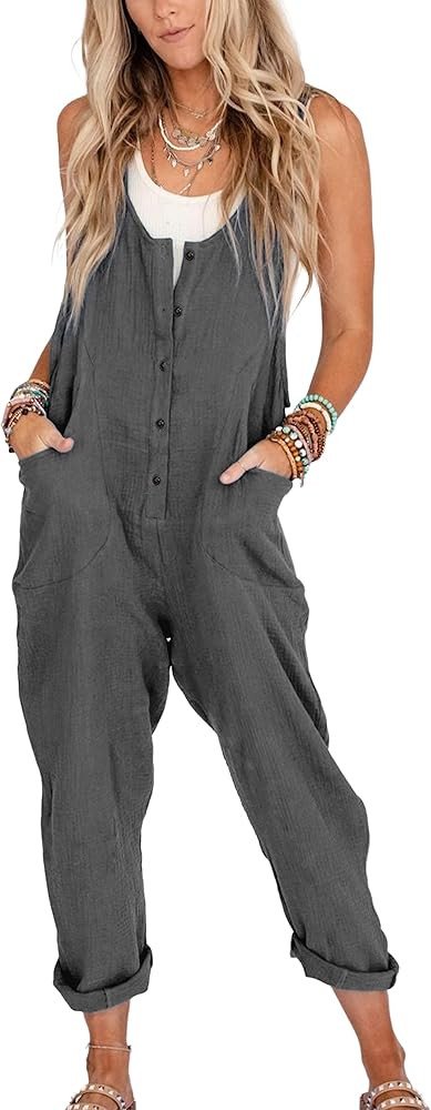 Yeokou Womens Overalls Linen Cotton Jumpsuits Loose Casual Jumpers with Pockets | Amazon (US)