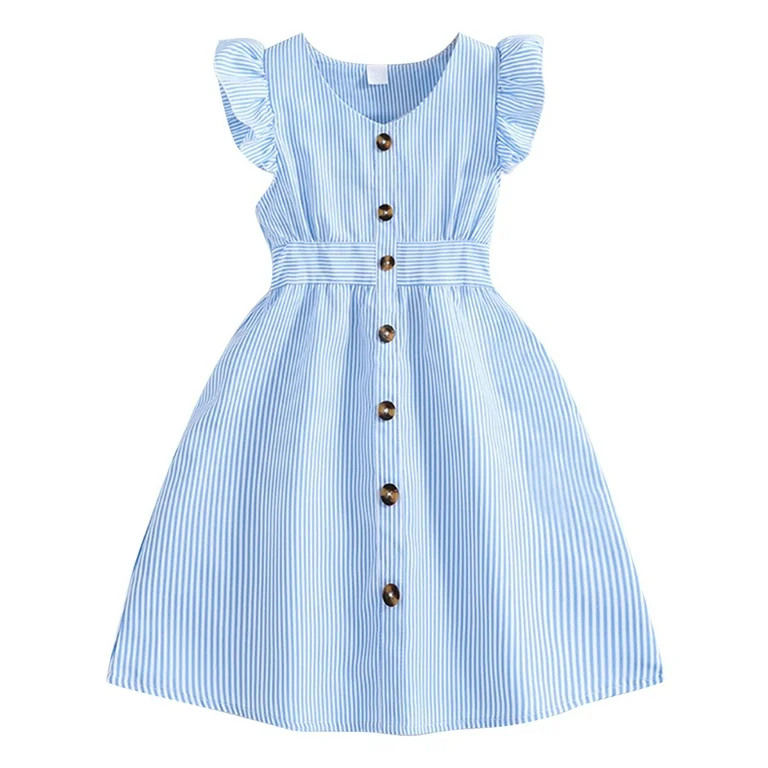 Casual Girls Summer Dresses Elegant New Flying Sleeve Striped Shirt Cute Dresses For Girls Sky Bl... | Walmart (US)