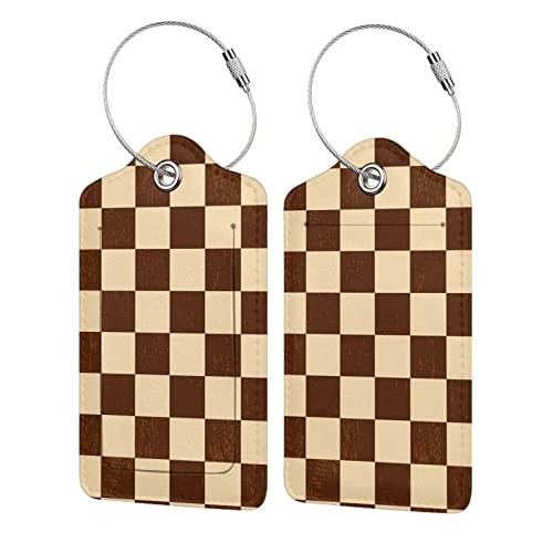 4PCS Brown Beige Checkered Luggage Tag for Suitcases Leather Travel Cruise Luggage Tags with Stainless Steel Loop Privacy Cover Id Label Suitcase Tags | Amazon (US)