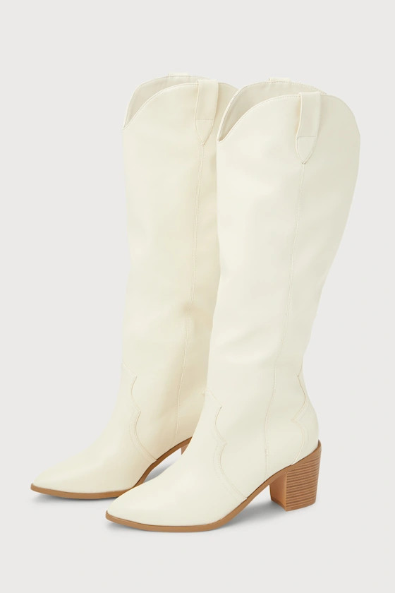 Ramona White Pointed-Toe Knee-High Western Boots | Lulus (US)