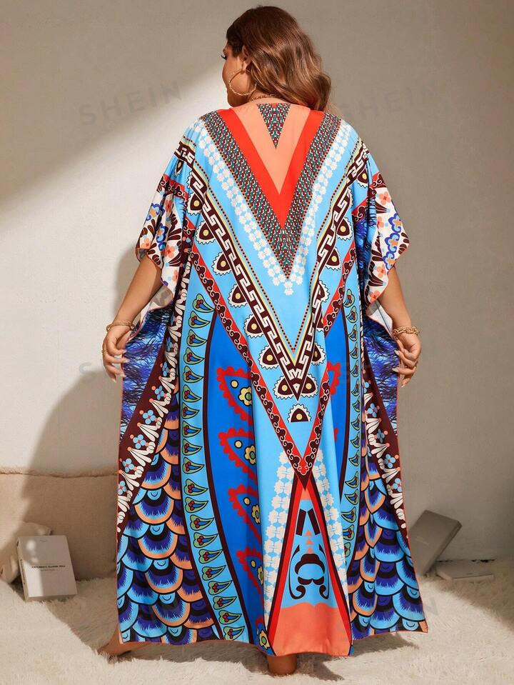 SHEIN Swim Vcay Plus Size Vintage Printed Batwing Sleeve Long Kimono Cardigan | SHEIN