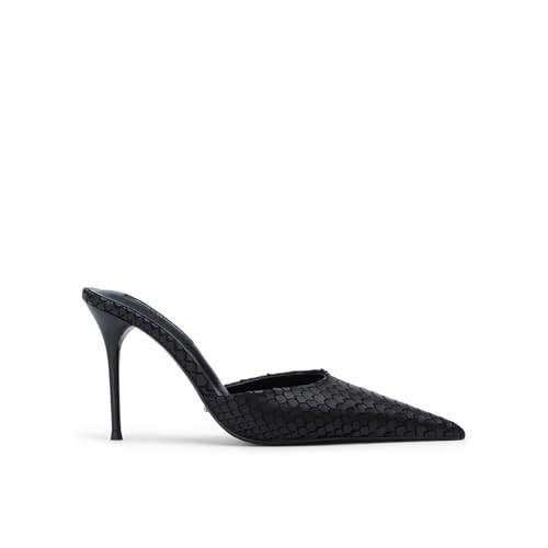 OMLISHZTY Stiletto Mule Heels for Women Pointed Closed Toe Heeled Mules Slip-On Kitten High Heels Dressy Pump Shoes Wedding Sexy Elegant Party Casual Black Leather | Amazon (US)