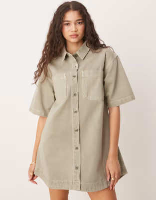ASOS DESIGN denim short sleeve shirt mini dress in khaki | ASOS | ASOS (Global)