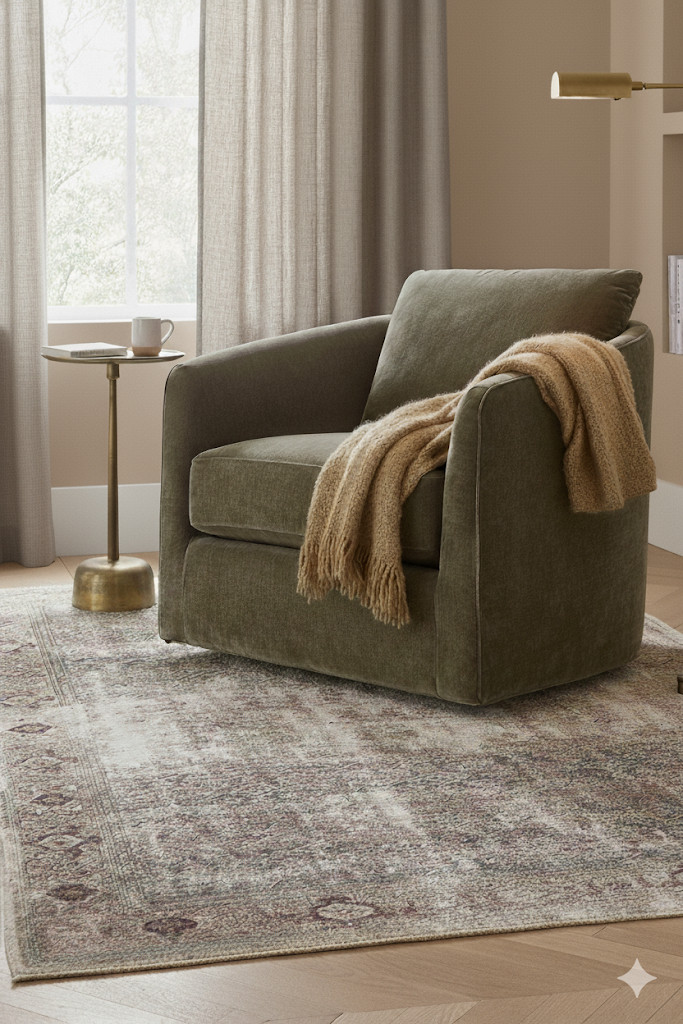 Cozy corner goals ✨ The Remmy Swivel Chair from Pottery Barn is on major sale right now — and we couldn’t resist layering it with one of our favorite rugs, side tables, and lamps to create the perfect little moment. Whether you're designing a reading nook or adding softness to a larger space, this combo brings instant warmth and style. 

 #LTKSeasonal #LTKHome #LTKSaleAlert