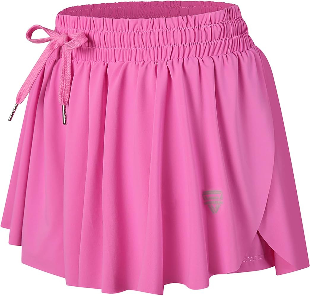 Wsirmet Women's 2-in-1 Double Layer Running Yoga Shorts Quick-Dry Drawstring Waist Flowy Hem Fitness | Amazon (US)