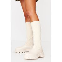 Cream Pu Round Toe Sock Boots, White | PrettyLittleThing UK