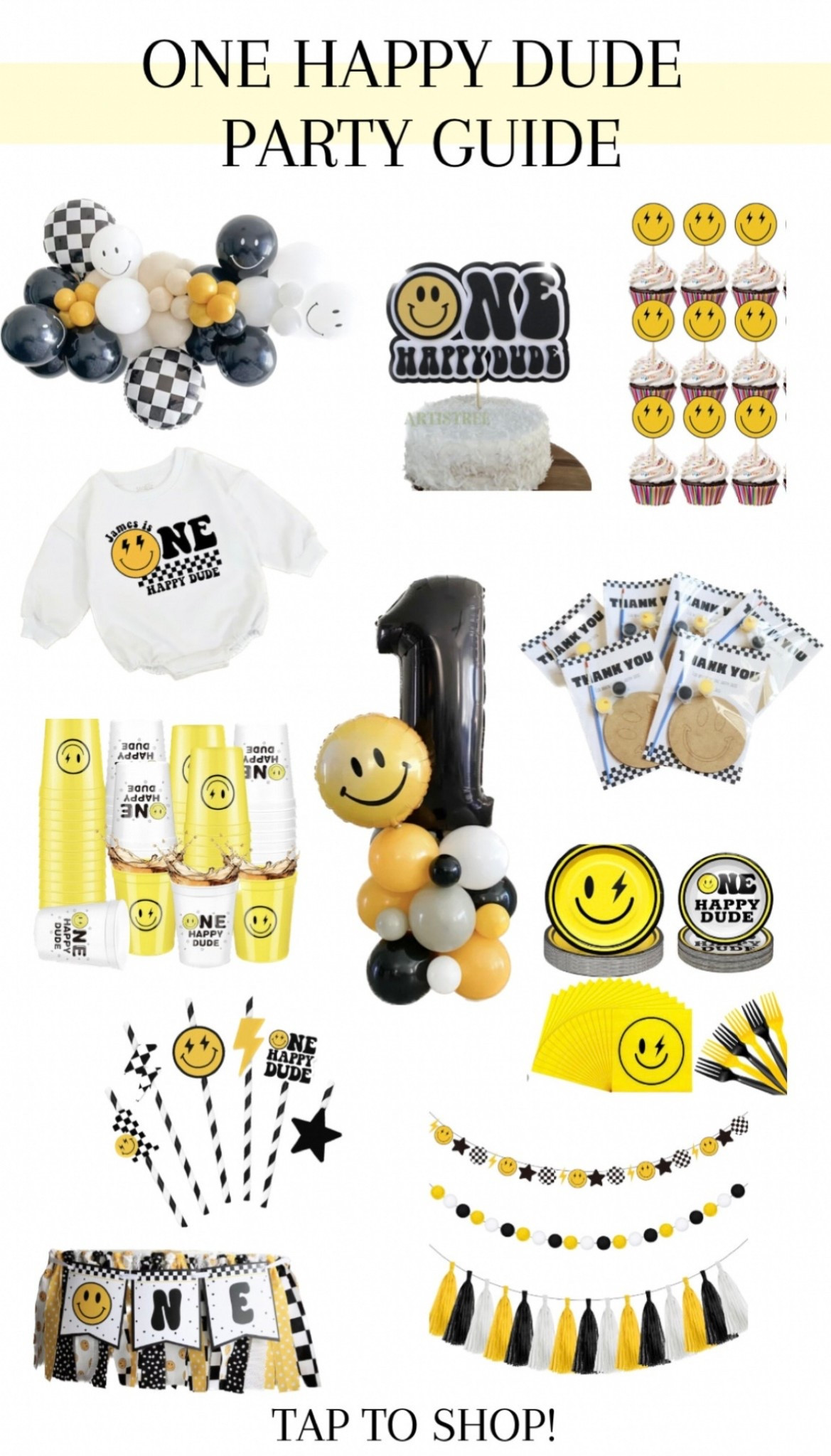 ONE HAPPY DUDE party guide😀🖤💛 #onehappydudepartydecor #onehappydudepartyguide #smileyfaceparty #etsypartydecor #amazonpartydecor

#LTKMostLoved #LTKfindsunder50 #LTKparties