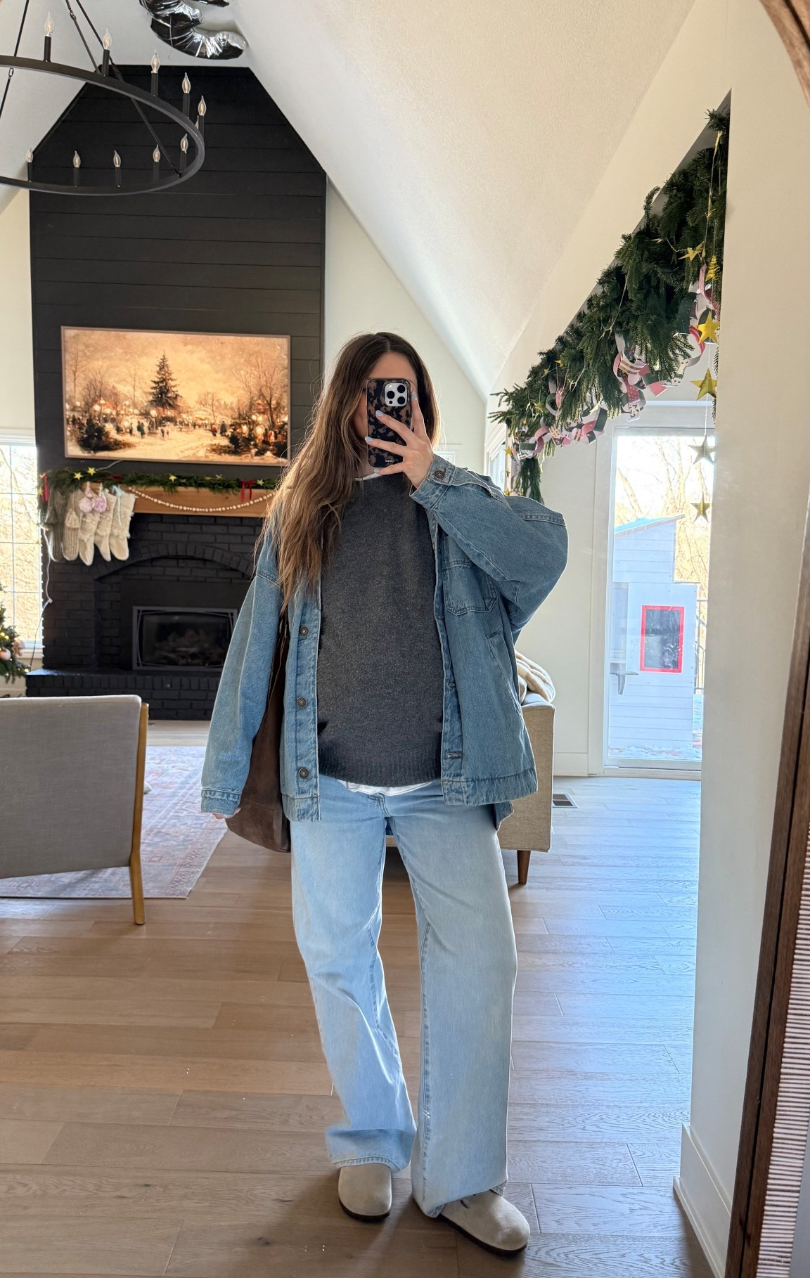 wearing a small in oversized denim jacket and white tee! Sized up 3 sizes in low rise jeans, have been able to wear all through my pregnancy! Linked similar sweaters! 

Winter outfit, bump friendly 

#LTKootd #LTKBump