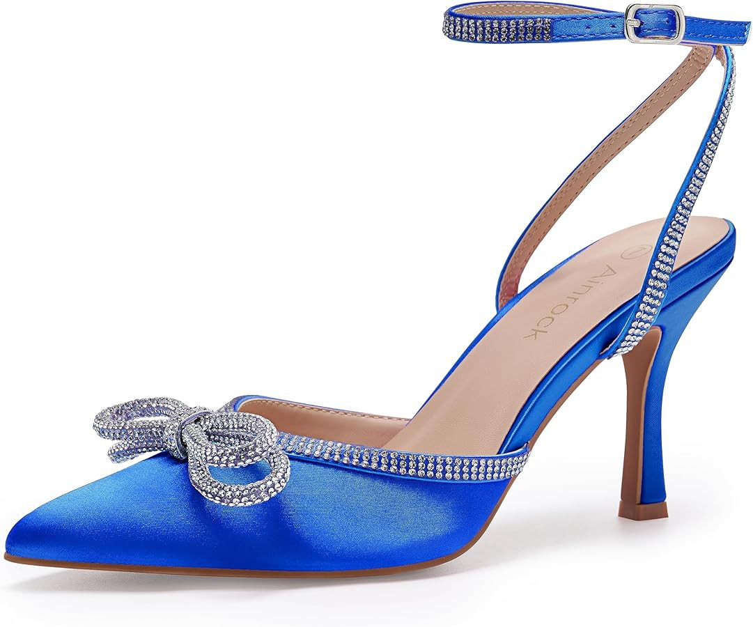 Women's Rhinestone Bow Heels Sparkly Wedding Closed Pointed Toe High Sexy Satin Stiletto Ankle St... | Amazon (US)