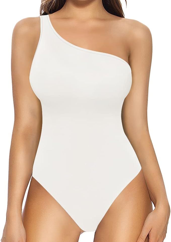 MANGOPOP Women's One Shoulder Off Sleeveless Tank Top Bodysuit Jumpsuits | Amazon (US)