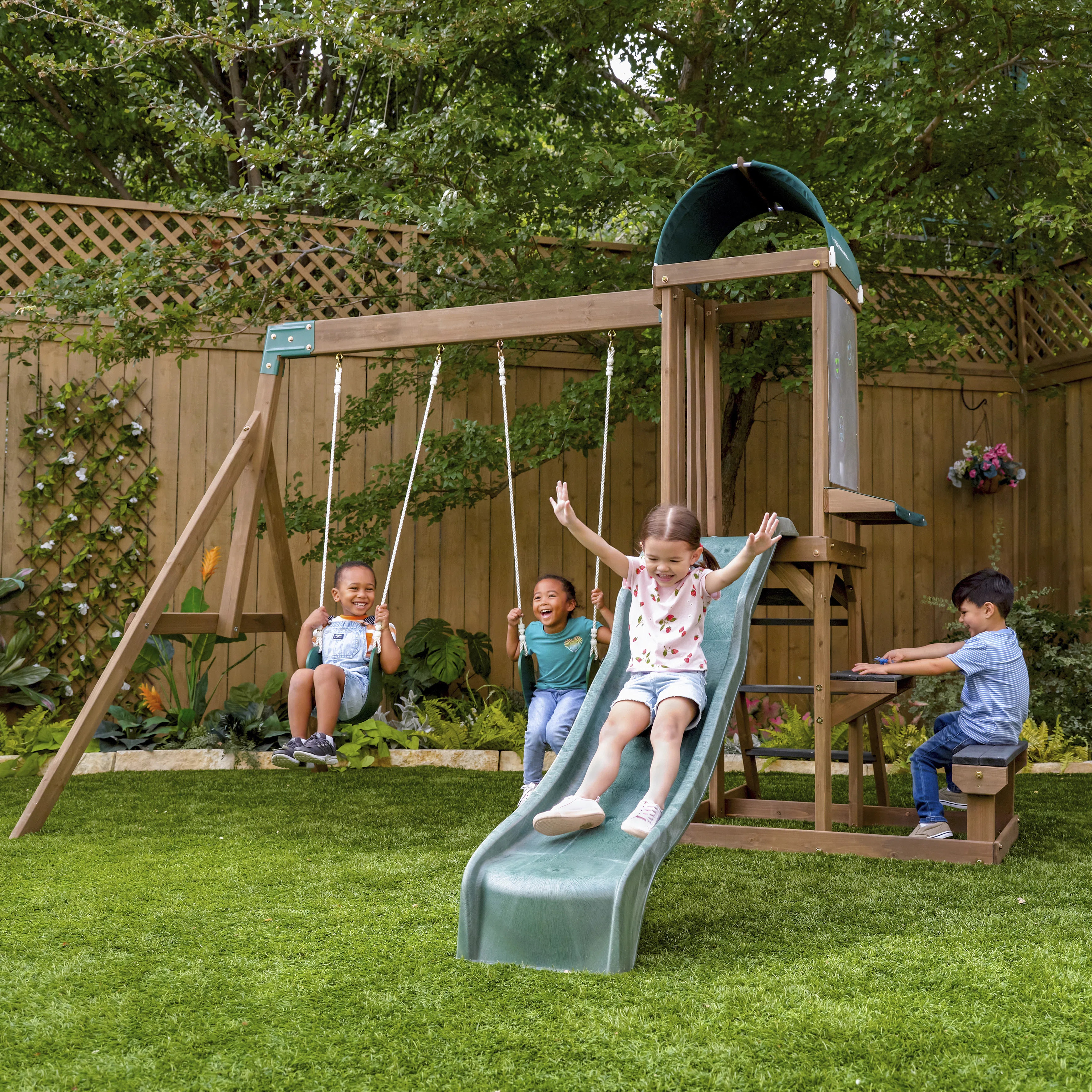 Wilderness Point Wooden Swing Set with Table, Bench and Art Panel | Wayfair North America
