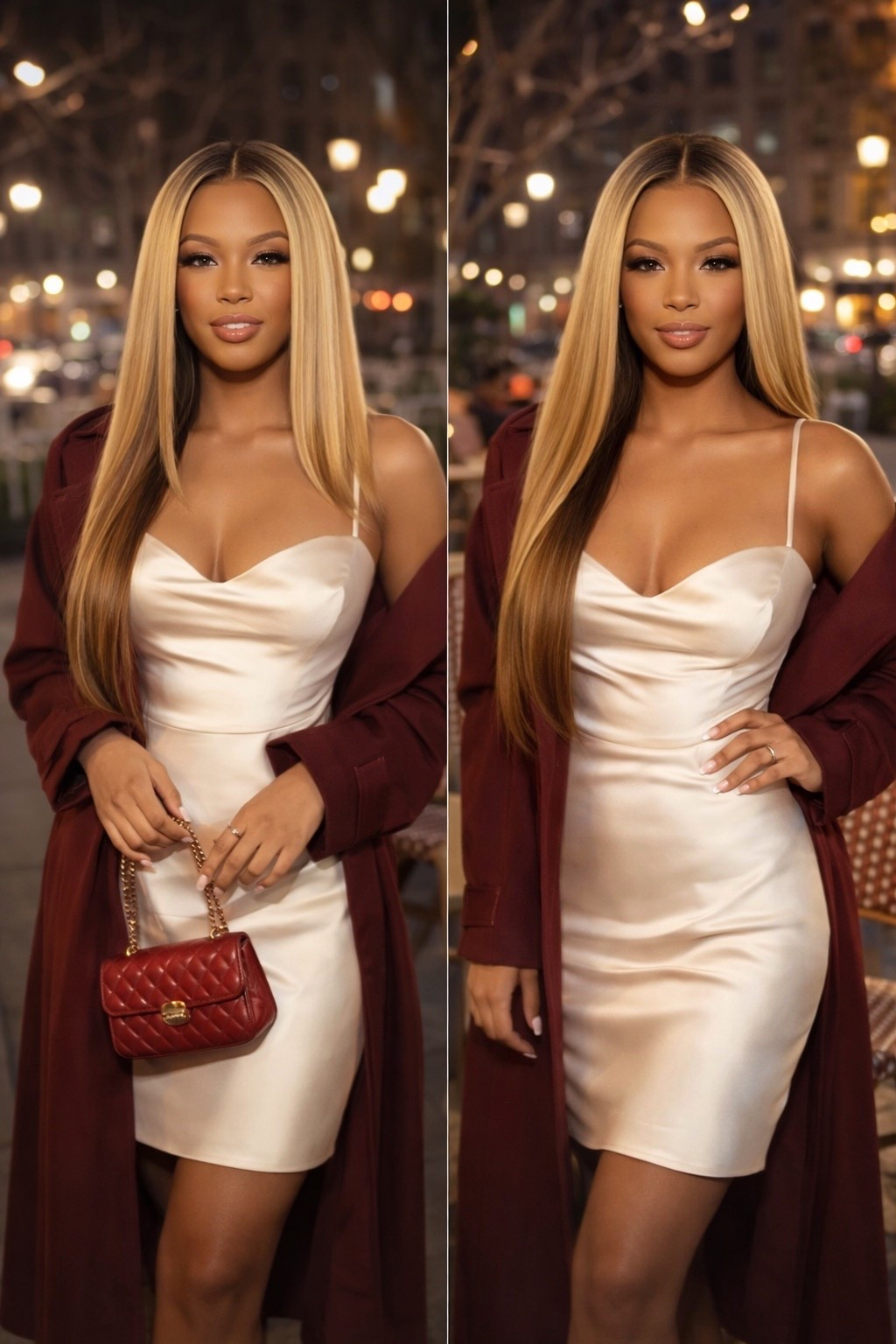 Champagne shin dress
Burgundy trench coat
Burgundy bag 

#LTKNYFW #LTKPetite #LTKWedding