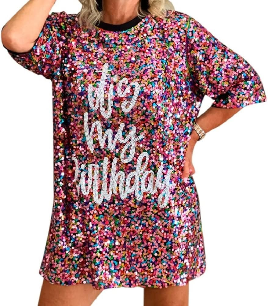 2Chique Boutique Women's It's My Birthday Sequin T Shirt Dress Multicolor One Size Above The Knee | Amazon (US)