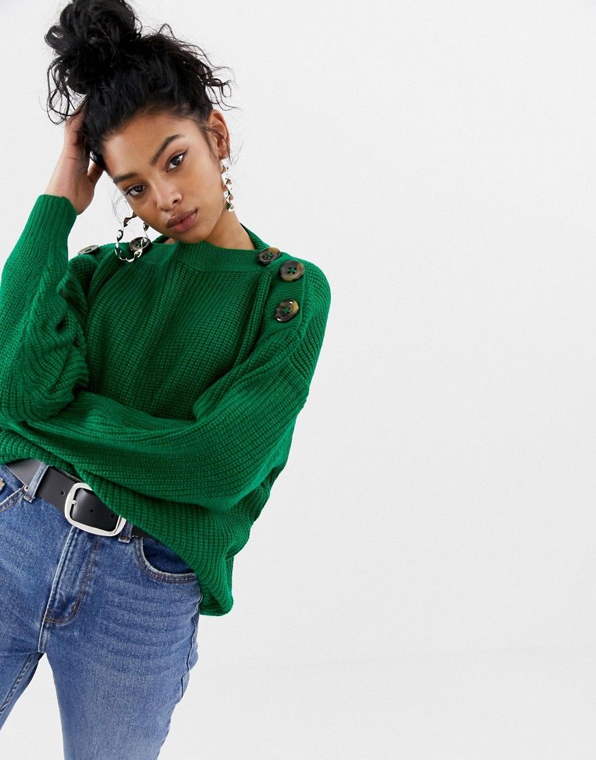 Blend She Felise knit sweater with buttoned shoulder - Green | ASOS US