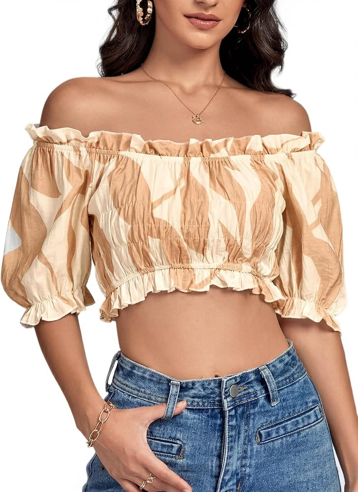 LYANER Women's Off The Shoulder Crop Tops Ruffle Trim Ruched Short Sleeve Peasant Blouse | Amazon (US)