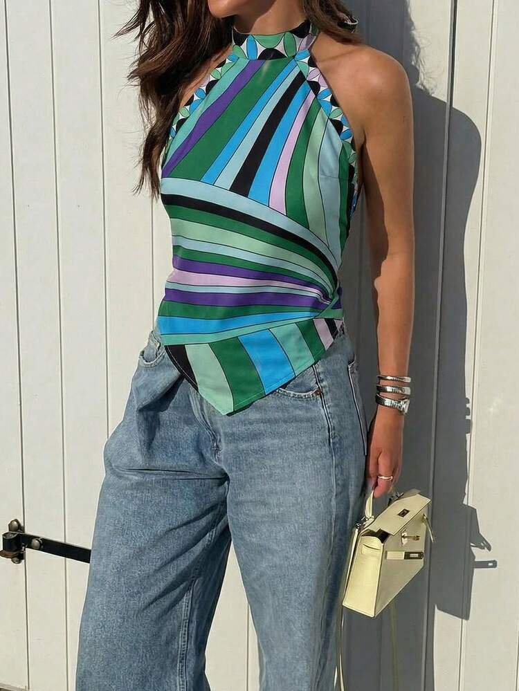 Bohemian Style Printed Spaghetti Strap Pointed Hem Casual Vacation Blouse For Women, Suitable For Holiday, Beach, Daily Wear, Date Summer | SHEIN